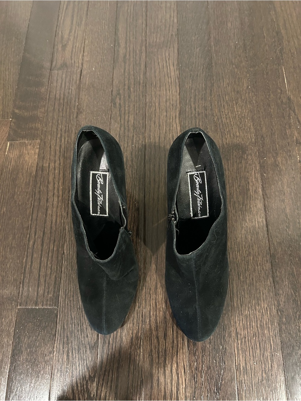 Beverly Feldman Black Suede Ankle Heeled Booties